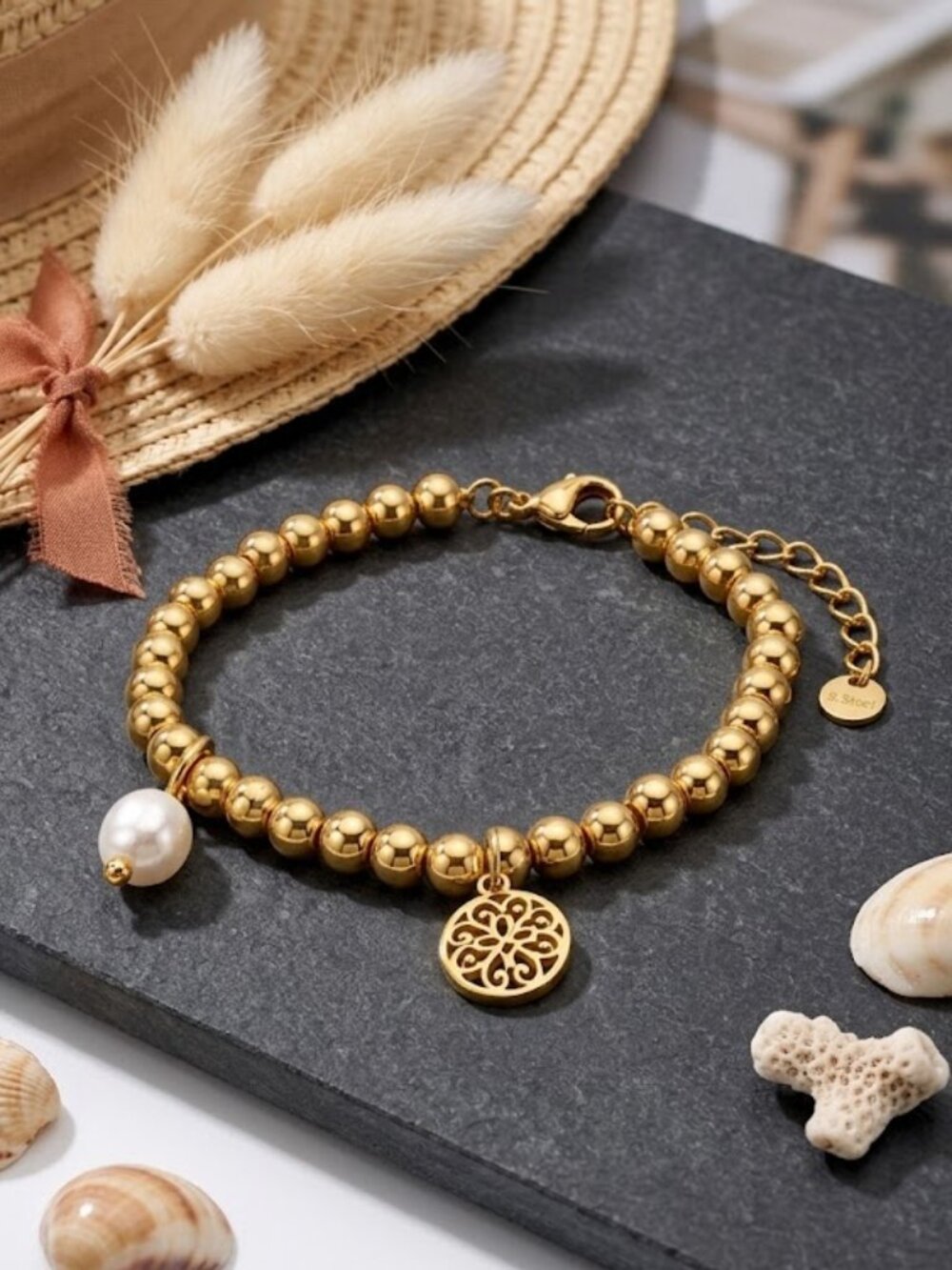 18K Gold Plated Steel Beaded Bracelet Mandala Freshwater Pearl Charm Clean Girl
